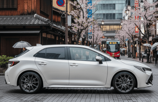 白いカローラスポーツにホイールを装着